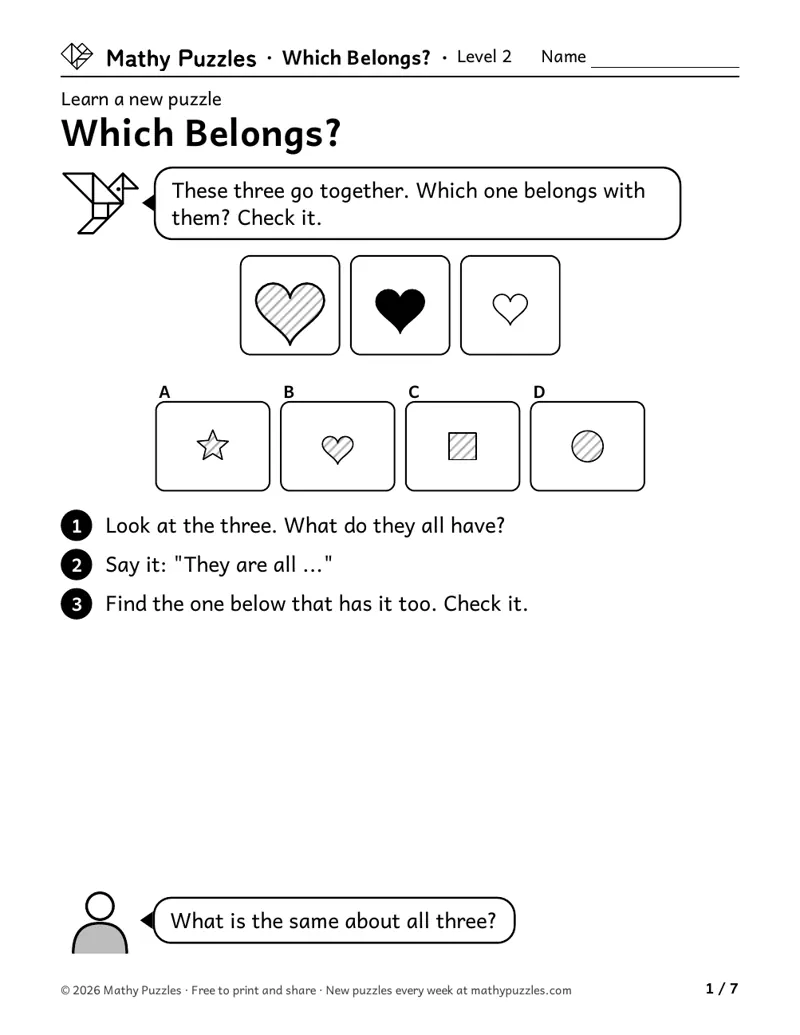 Which Belongs?, Level 2 Learn sheet with a worked example