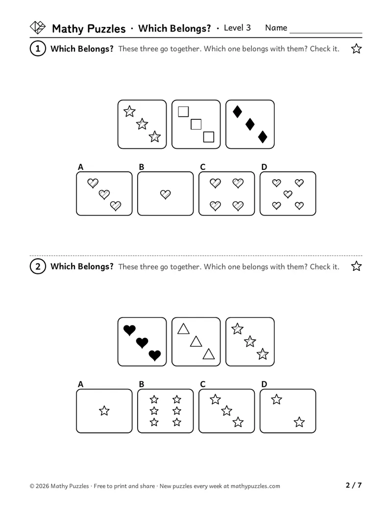 Which Belongs?, Level 3: two puzzles, each three boxes with the same number of shapes and 4 options to choose from.