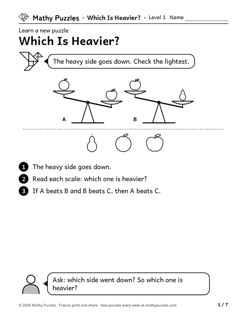 Which Is Heavier?, Level 1 Learn sheet with a worked example