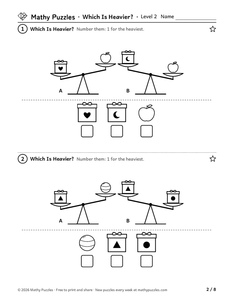 Which Is Heavier?, Level 2: two puzzles, each two balance scales with three objects, and boxes to number them from heaviest to lightest.