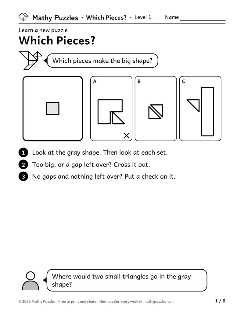 Which Pieces?, Level 1 Learn sheet with a worked example