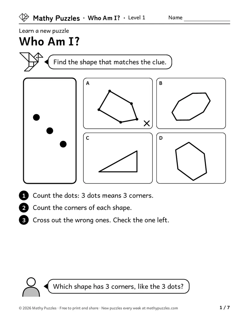 Who Am I?, Level 1 Learn sheet with a worked example