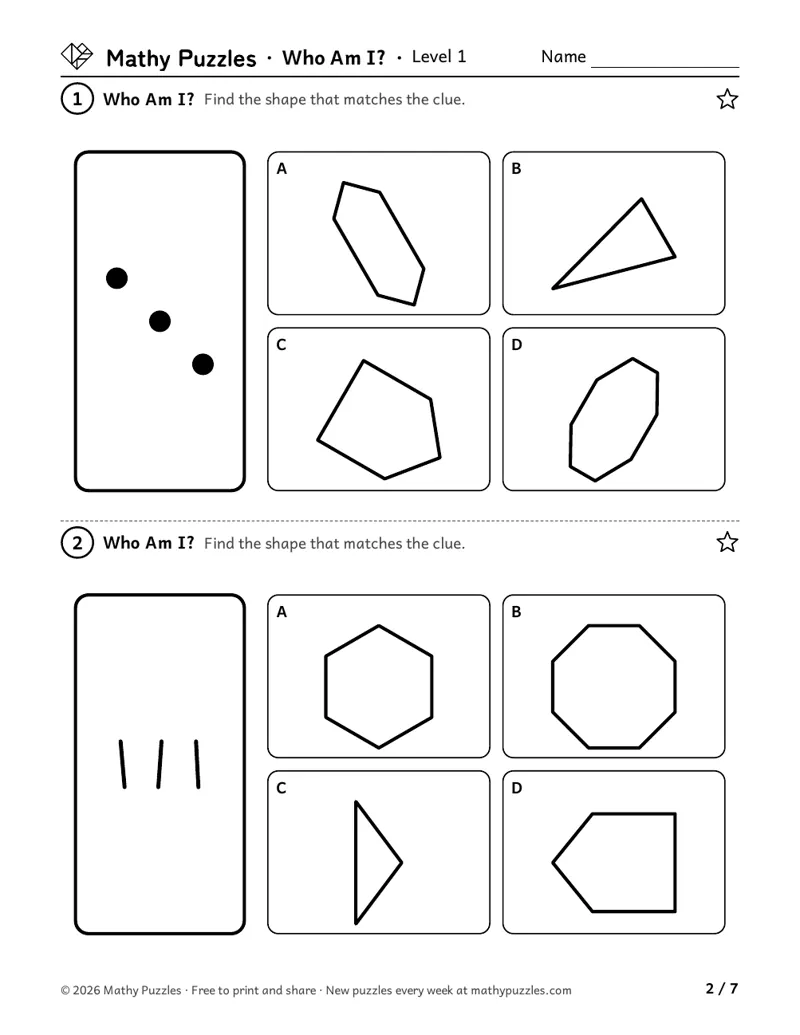 Who Am I?, Level 1: two puzzles, each a picture clue of dots or sticks beside 4 shapes to choose from.
