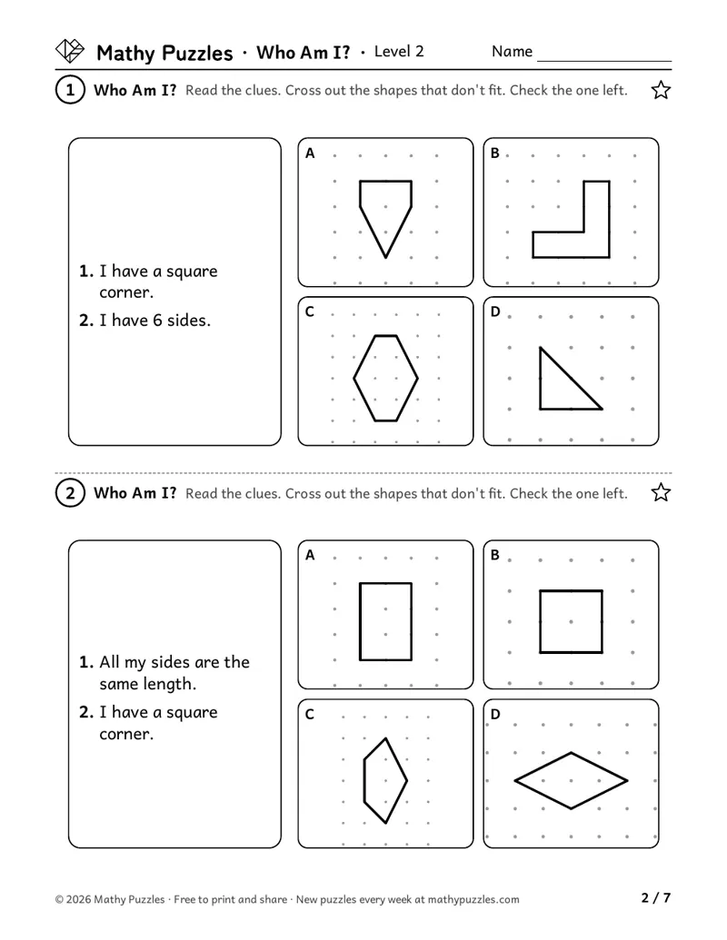Who Am I?, Level 2: two puzzles, each with two written clues beside 4 shapes drawn on dot grids.