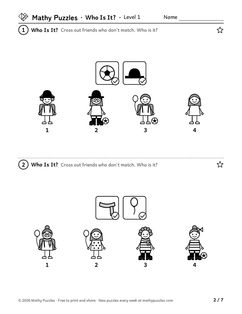 Who Is It?, Level 1: two puzzles, each 4 numbered drawn friends with two picture clues of things the friend has.