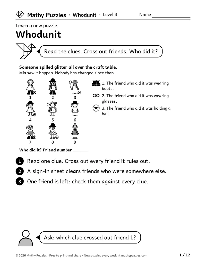 Whodunit, Level 3 Learn sheet with a worked example