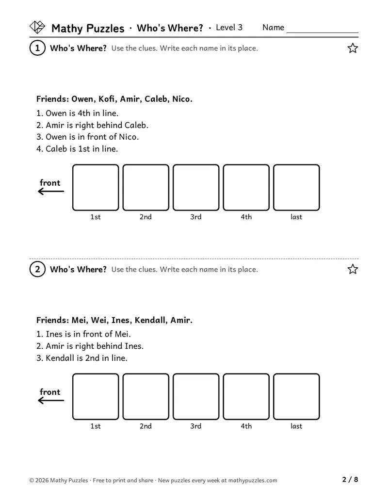 Who's Where?, Level 3: two line-ups of 5 friends, each with a few written clues and a row of boxes for the names.