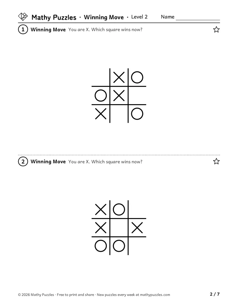 Winning Move, Level 2: two tic-tac-toe games partly played, asking which square wins now for X.