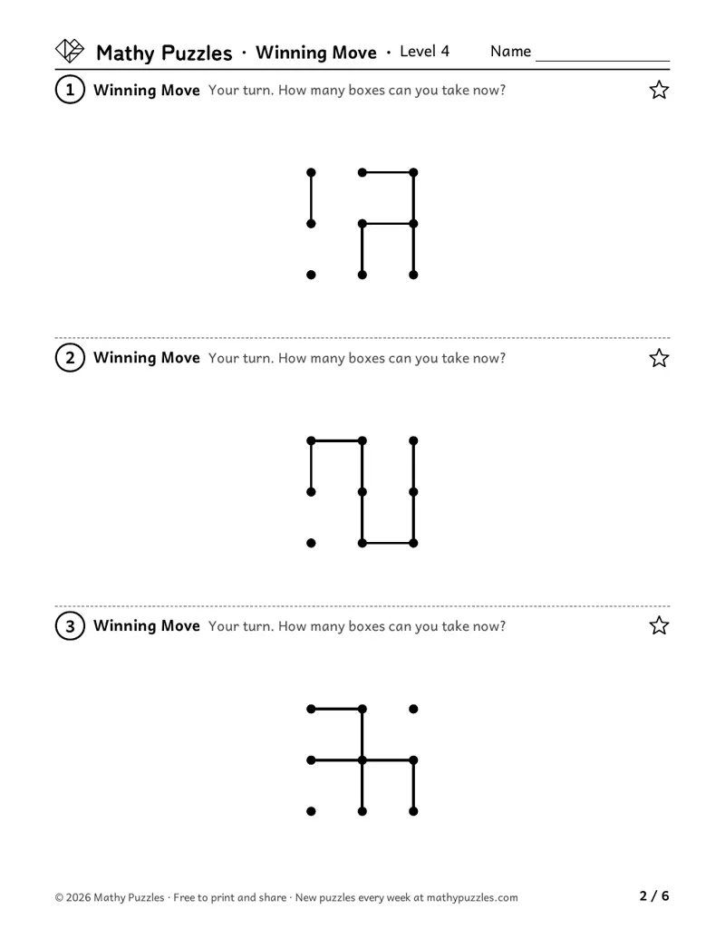 Winning Move, Level 4: three small dots and boxes boards partly drawn, asking how many boxes you can take now.