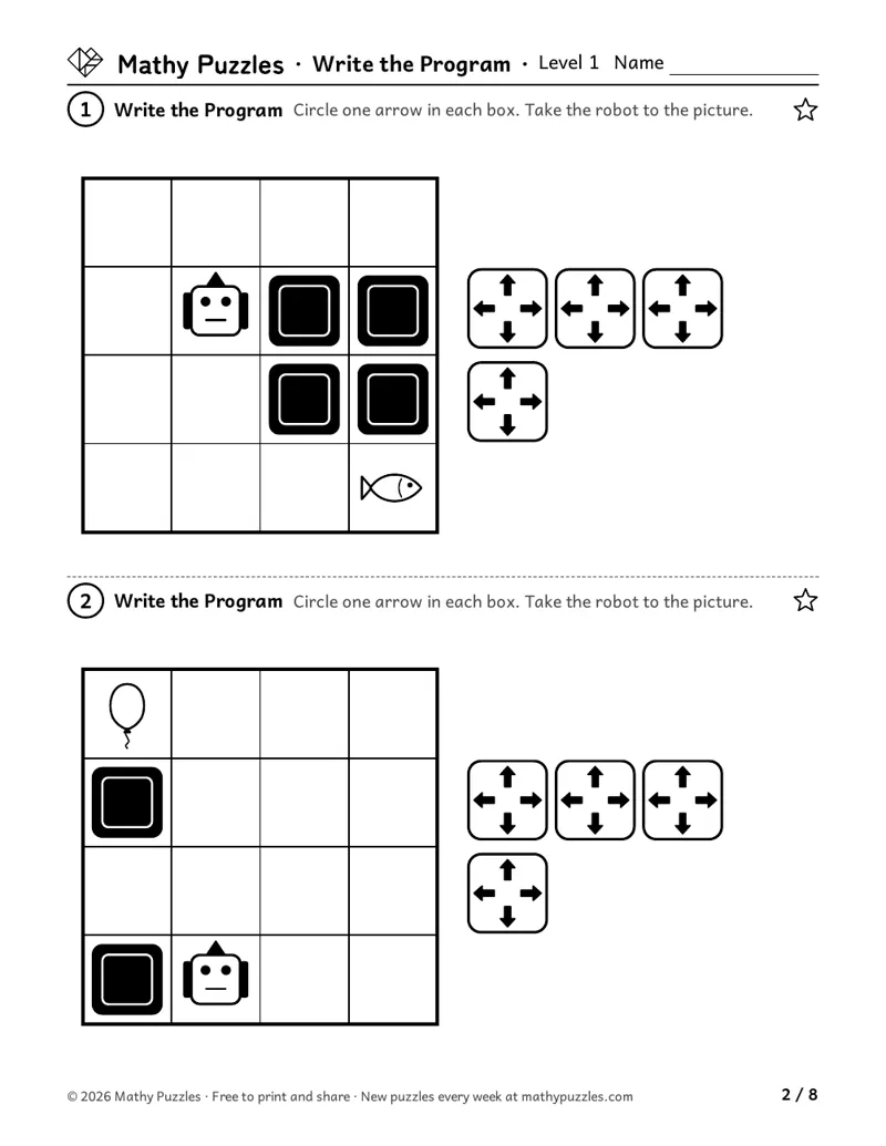 Write the Program, Level 1: two 4 × 4 grids with a robot, rocks and a picture, beside 4 boxes of arrows to circle.
