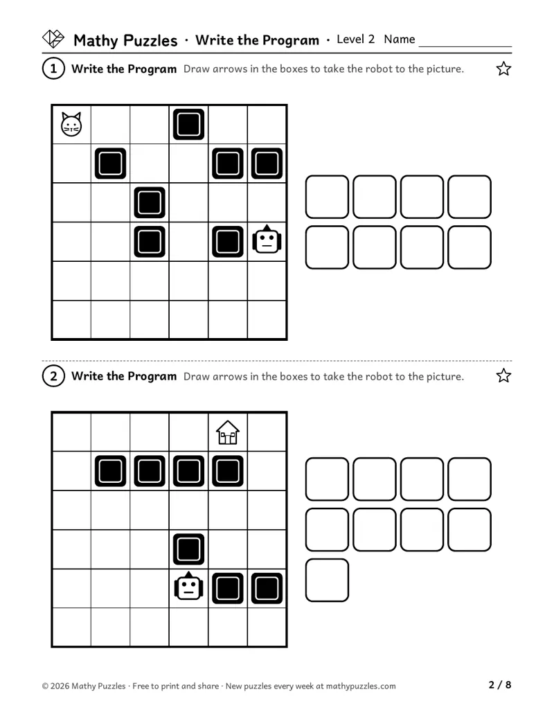 Write the Program, Level 2: two 6 × 6 grids with a robot, rocks and a picture, beside a row of empty boxes for arrows.