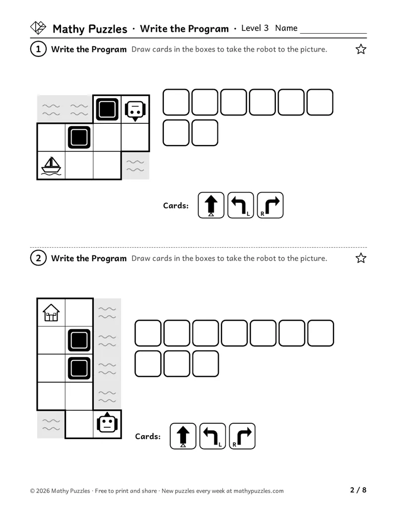 Write the Program, Level 3: two path-shaped boards with a robot and a picture, a row of empty boxes, and the forward and turn cards to use.